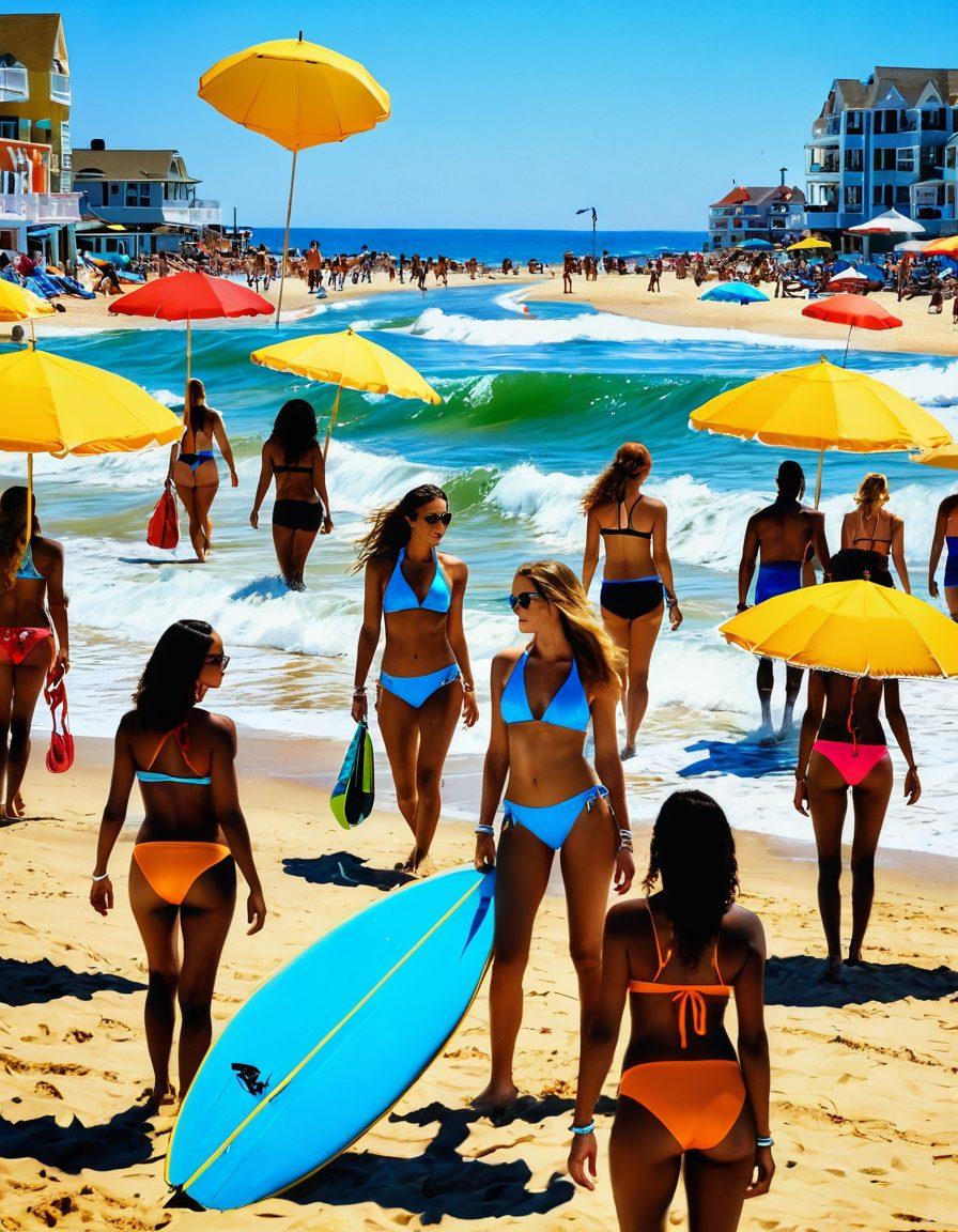 A sun-soaked Virginia beach scene featuring stylish swimwear trends, with diverse models showcasing vibrant swimsuits against a backdrop of sparkling waves and golden sands. Include colorful beach umbrellas, surfboards, and people enjoying beach activities like volleyball and frisbee. The atmosphere is lively and inviting, embodying the essence of summer fun. super-realistic. vibrant colors. summer vibe.