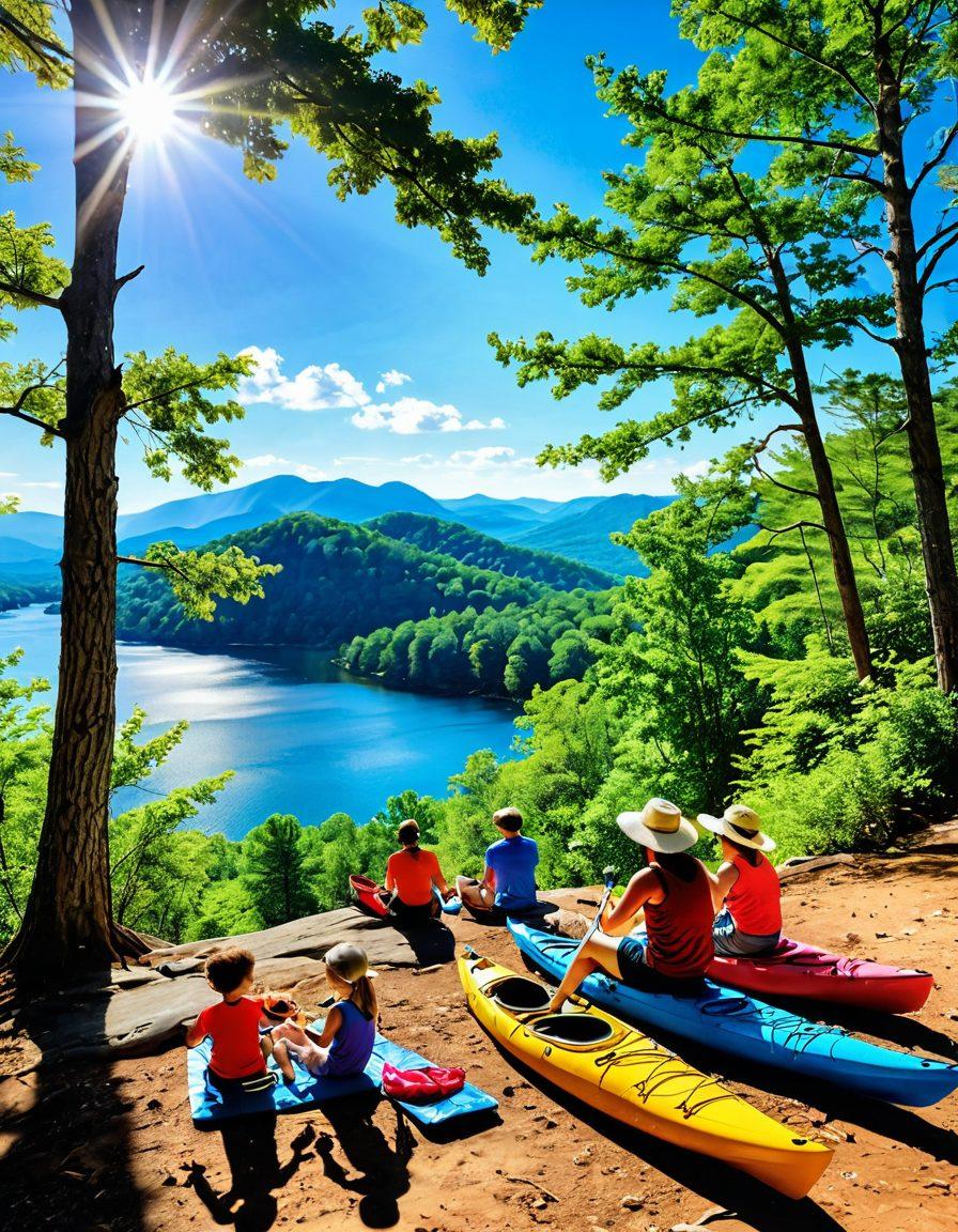 A sun-drenched Virginia landscape featuring families enjoying outdoor activities like hiking and kayaking, with vibrant green trees and a clear blue sky. Include elements of sun safety, such as hats, sunglasses, and sunscreen bottles scattered around. In the background, depict the Blue Ridge Mountains basking in sunlight. The scene should exude a sense of adventure and relaxation. vibrant colors. super-realistic.